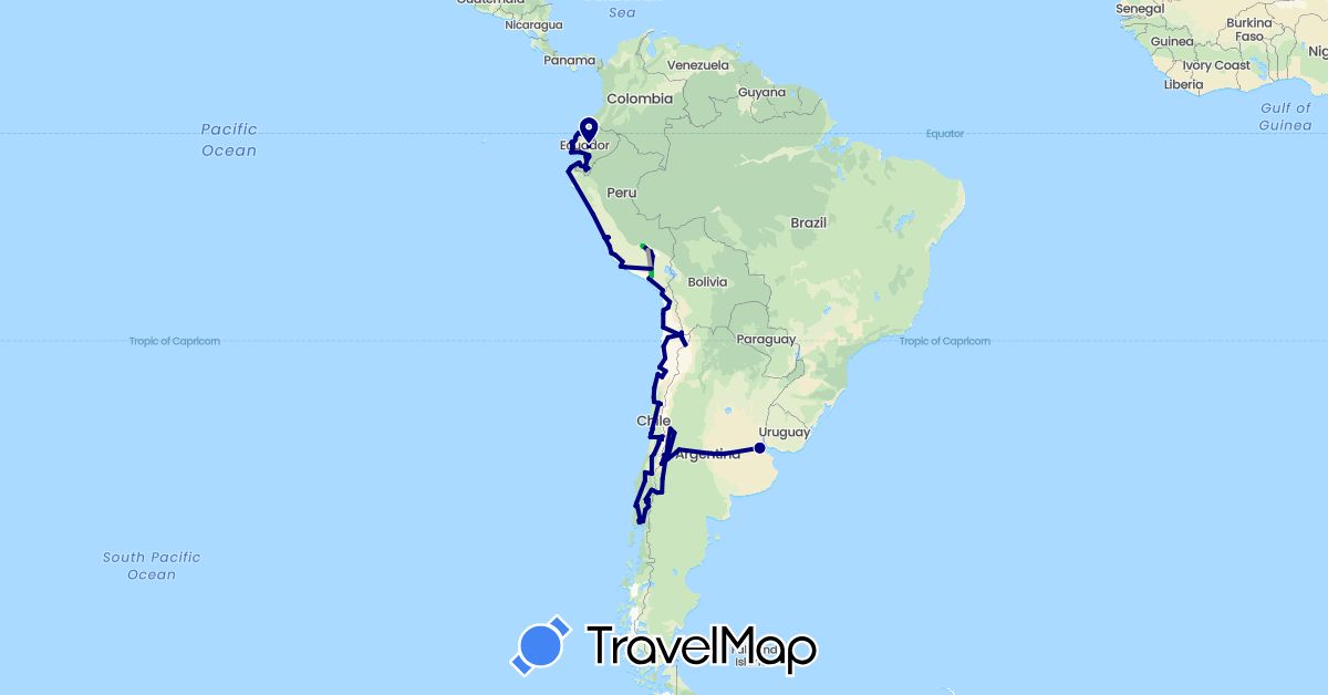 TravelMap itinerary: driving, bus, plane, train, hiking in Argentina, Chile, Ecuador, Peru (South America)
